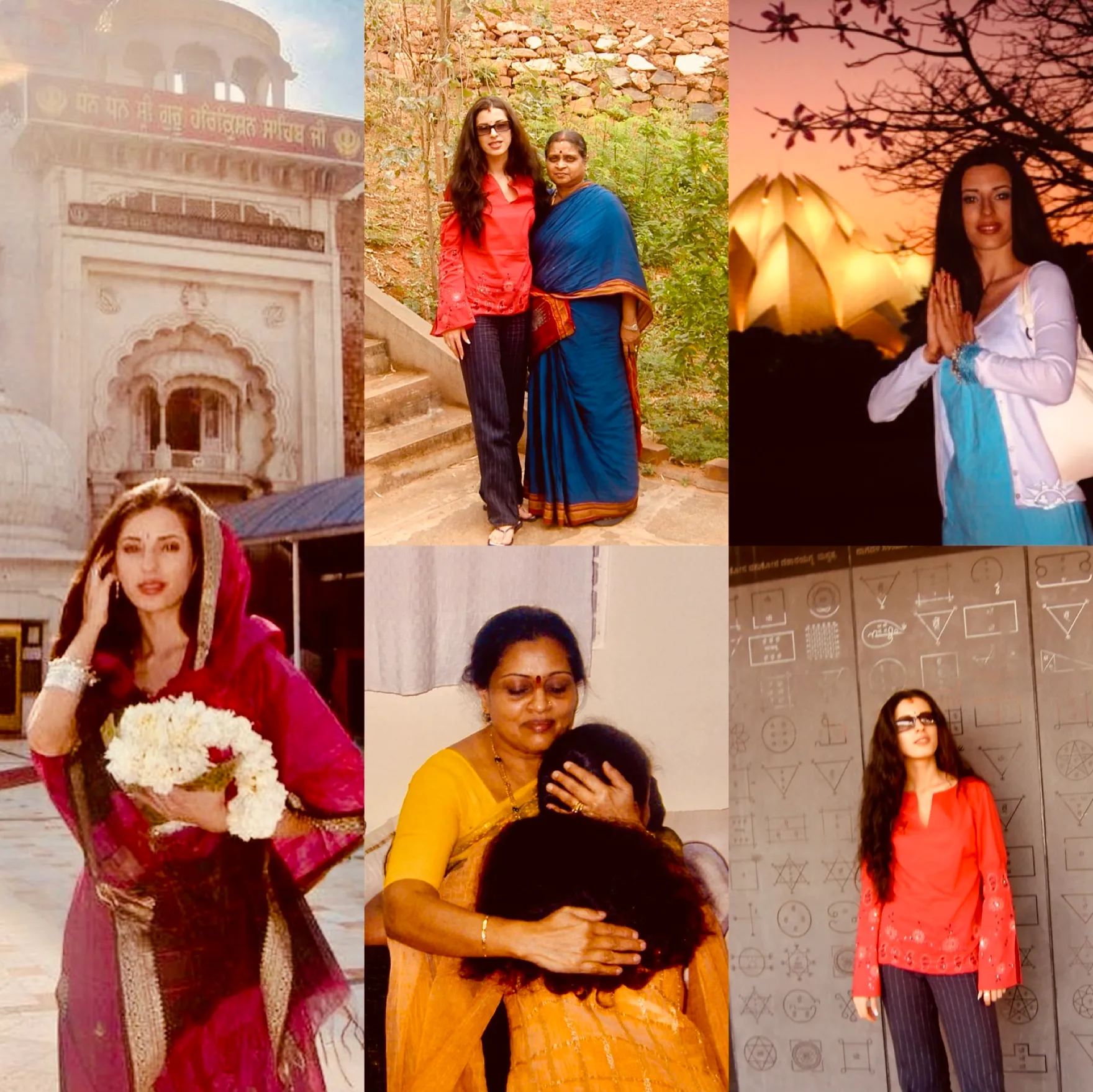 A collage of six photographs of Dalia Lane during her studies in India, at temples and with her teachers