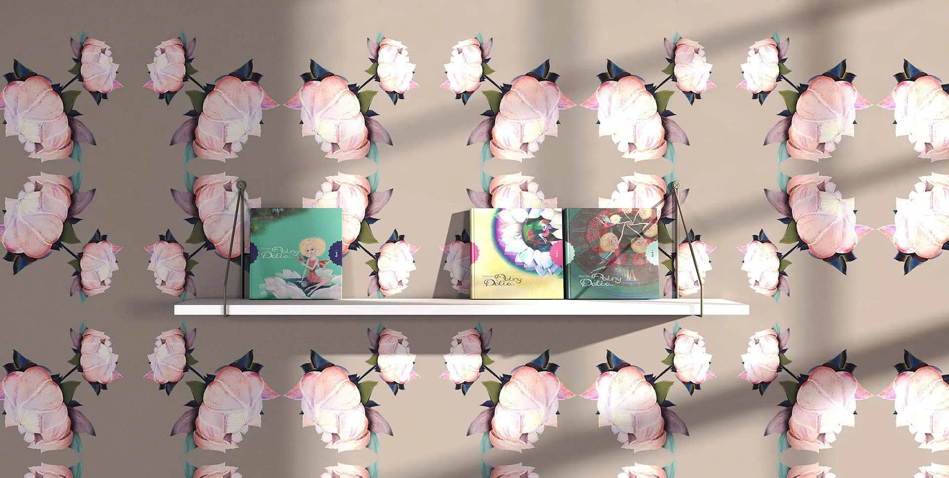 Three Fairy Dalia book covers on a shelf against a lotus wallpaper