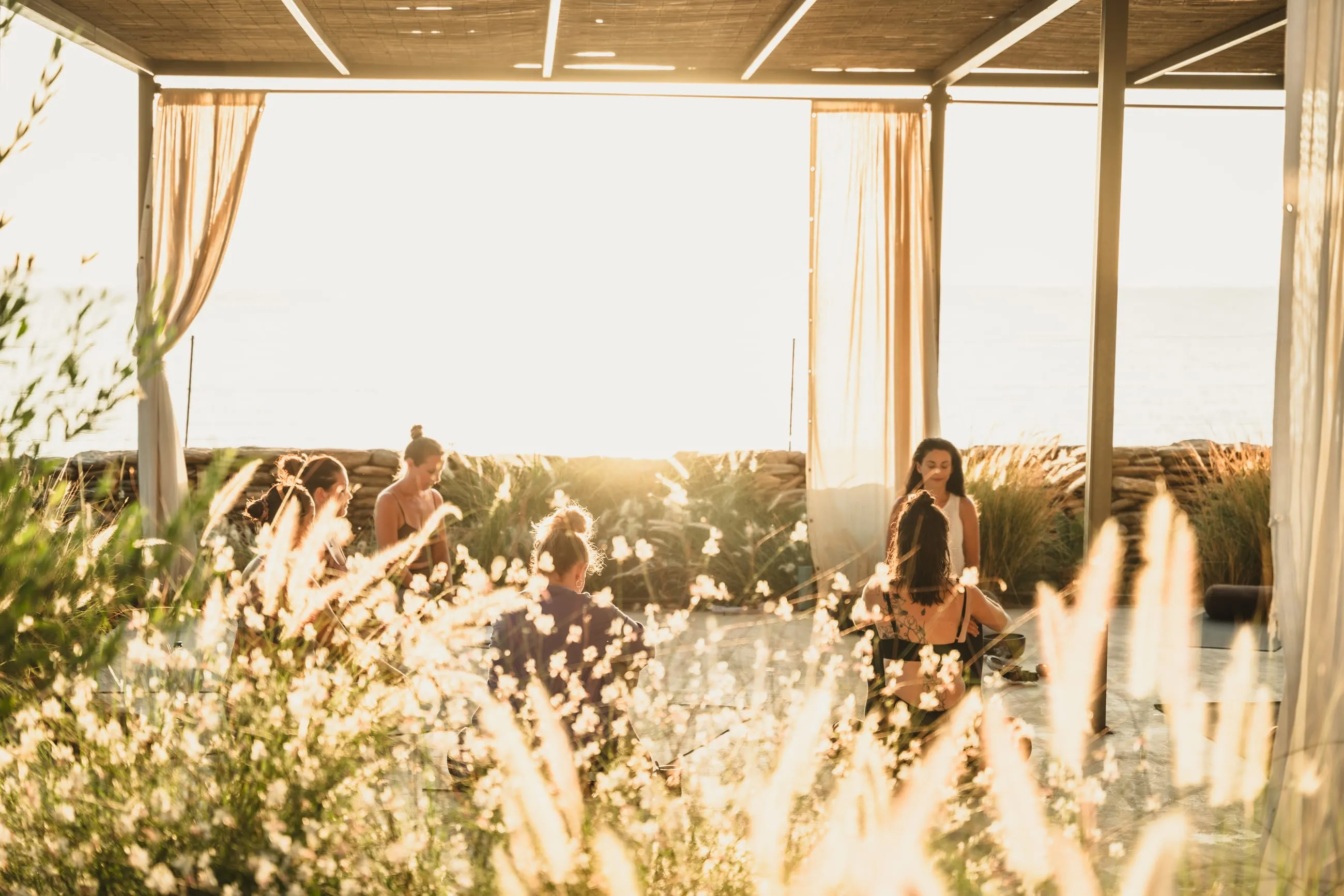 Dalia guiding a small group at sunset under a pergola beside the sea